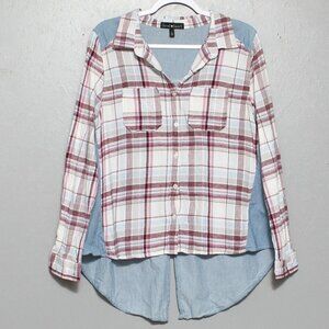 Derek Heart cotton red white plaid chambray denim back button up hi low shirt